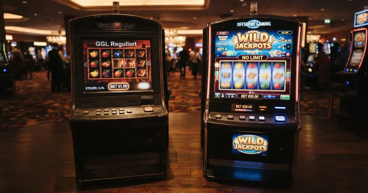 Visuelle Gegenüberstellung eines eingeschränkten GGL-Spielautomaten neben einem offenen Offshore-Slot