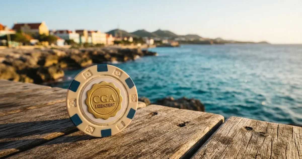 Die Küste von Curaçao mit überlagertem CGA-Wappen als Sinnbild für Offshore-Lizenz und Inselstaat