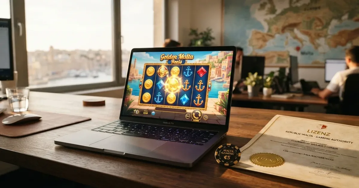 Stilisierte Malta-Flagge und MGA-Siegel vor einer Collage aus Slots, Roulette und Live-Dealer-Tisch