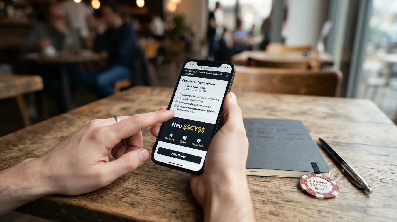 Frisch geöffnetes Casino-Portal mit "Neu 2026"-Badge, daneben Checkliste mit Lizenz-Prüfpunkten