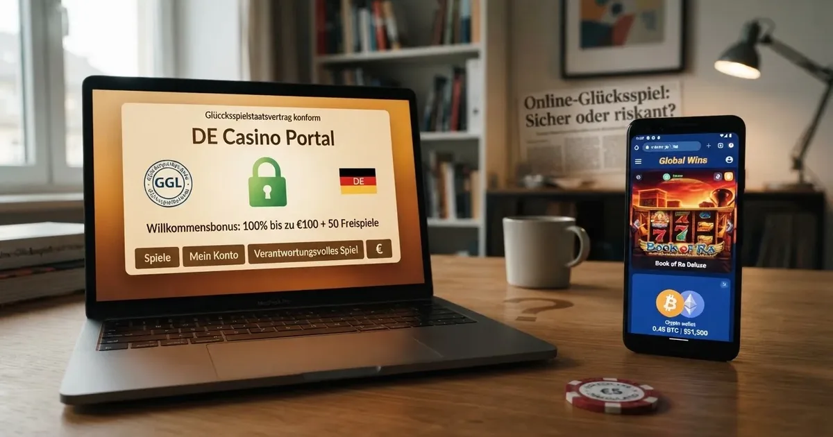 Geteilte Bildkomposition: links ein deutsches Online-Casino-Portal mit Schloss-Icon, rechts ein Offshore-Casino ohne Sperrdatei, dazwischen ein Fragezeichen