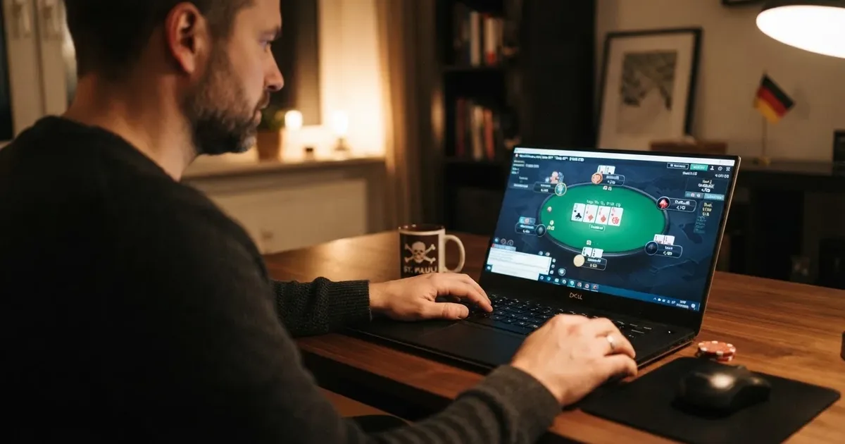 Nahaufnahme eines digitalen Pokertisches mit Karten, Chips und Dealer-Button auf einem Bildschirm