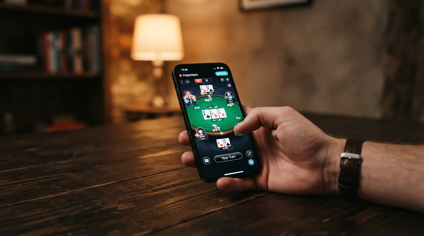 Smartphone in der Hand mit geöffneter Poker-Tisch-Ansicht vor neutralem Hintergrund