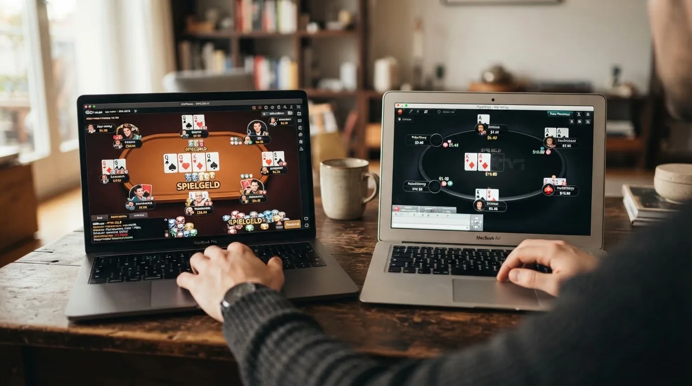Zweigeteilter Bildschirm: links Spielgeld-Tisch mit Spielgeld-Marker, rechts Echtgeld-Tisch