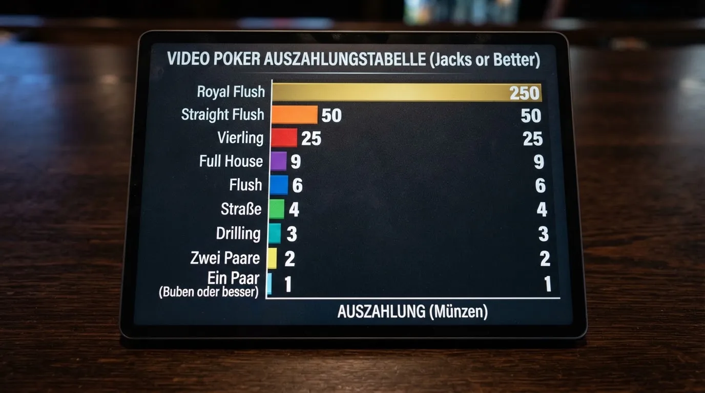 Screenshot-artige Darstellung einer Video-Poker-Auszahlungstabelle mit hervorgehobenen Full-Pay-Werten