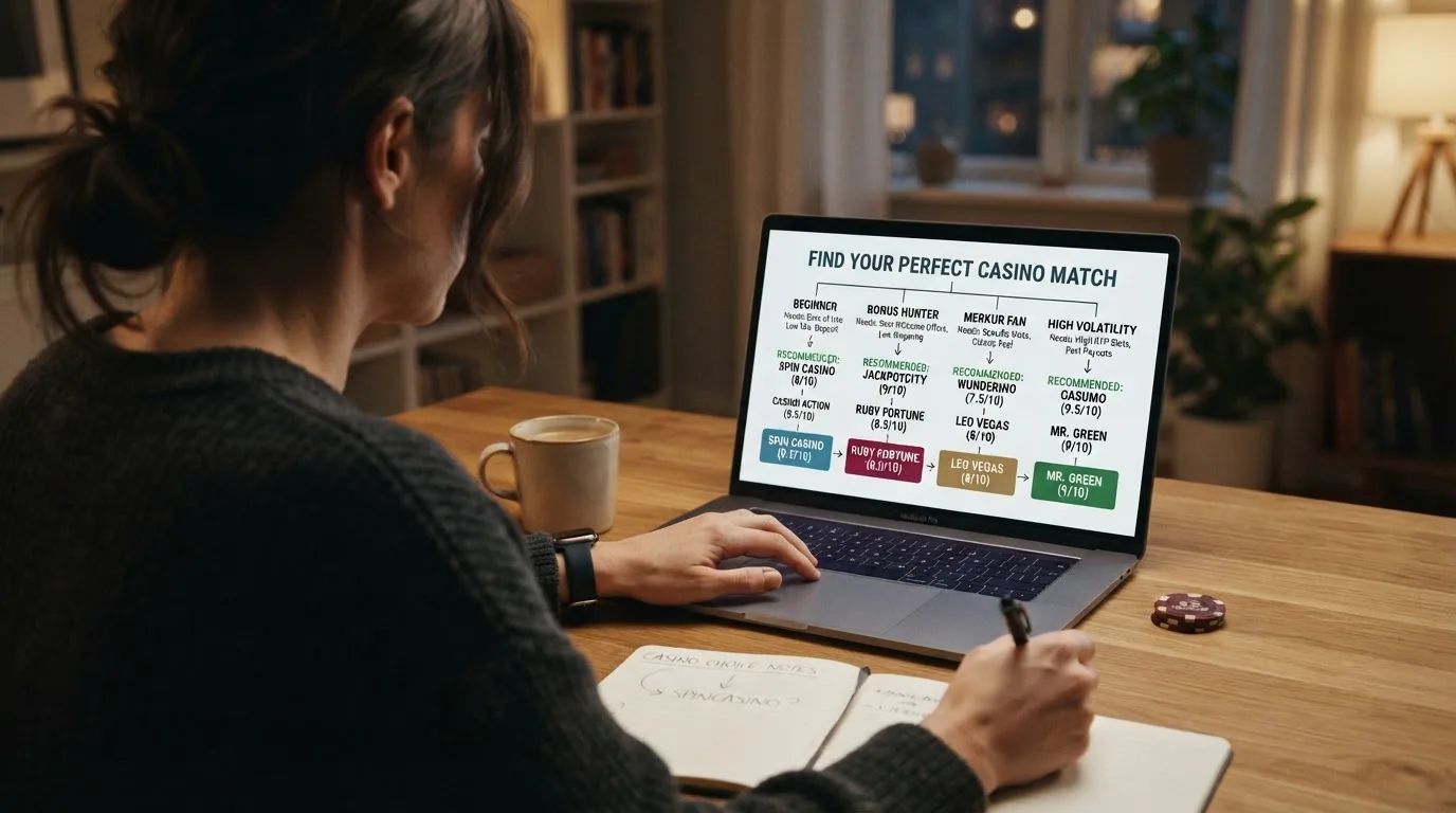 Entscheidungsbaum-Grafik: Spielertyp (Einsteiger, Bonus-Jäger, Merkur-Fan, High-Volatility-Spieler) → passender Casino-Typ