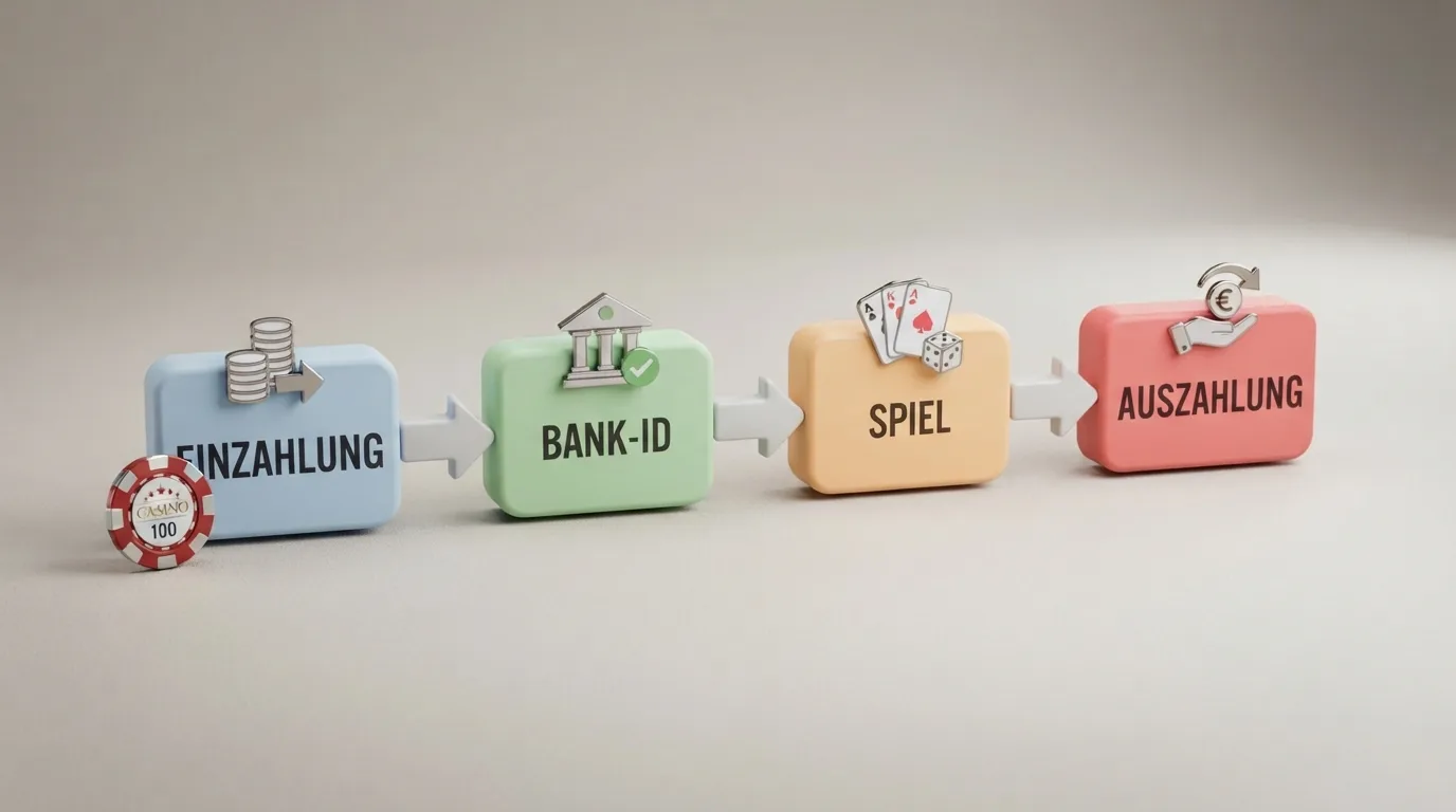 Schematische Darstellung des Pay-N-Play-Ablaufs: Einzahlung – Bank-ID – Spiel – Auszahlung