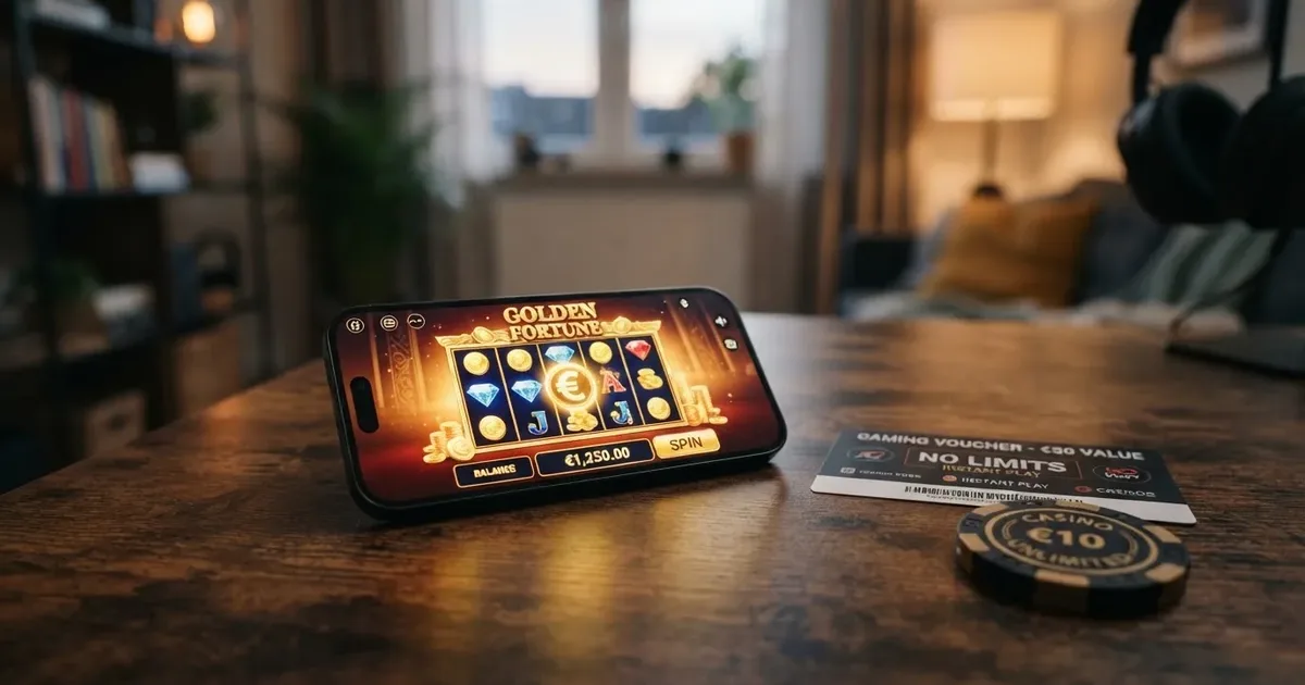 Paysafecard-PIN und Casino-Chips vor einem Bildschirm mit Slot-Spiel, das ein "ohne Limit"-Versprechen kommuniziert