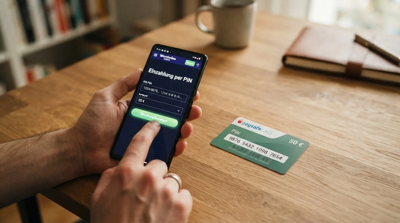 Paysafecard-Karte neben Smartphone mit Casino-Oberfläche und dem Hinweis „Einzahlung per PIN"