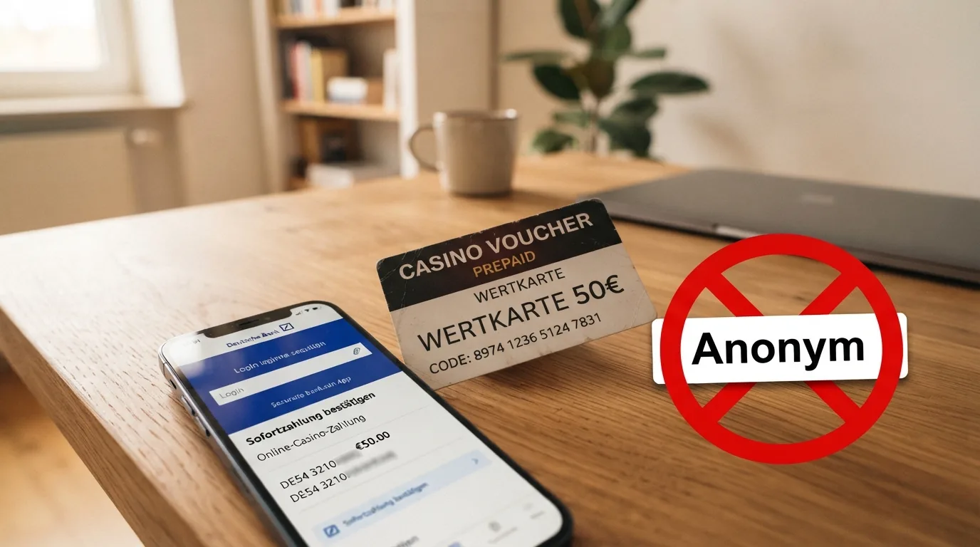 Paysafecard-Code-Karte neben einem durchgestrichenen Anonym-Symbol