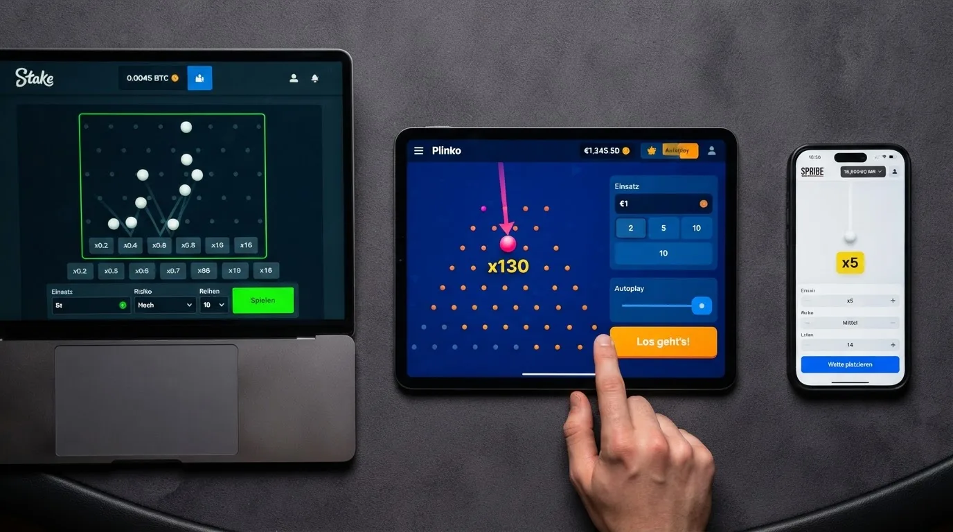 Screenshot-Vergleich der Plinko-Oberflächen von drei Anbietern nebeneinander