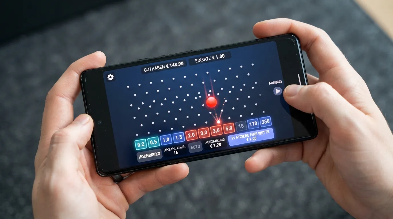 Plinko-Spielfeld auf einem Smartphone im Querformat mit Touch-Bedienung