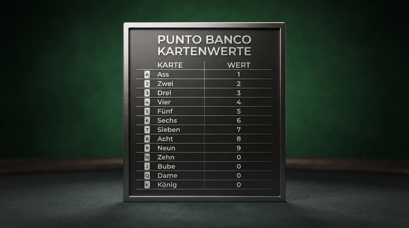 Grafische Übersicht der Kartenwerte beim Punto Banco in einer Tabelle mit Ass bis Bild