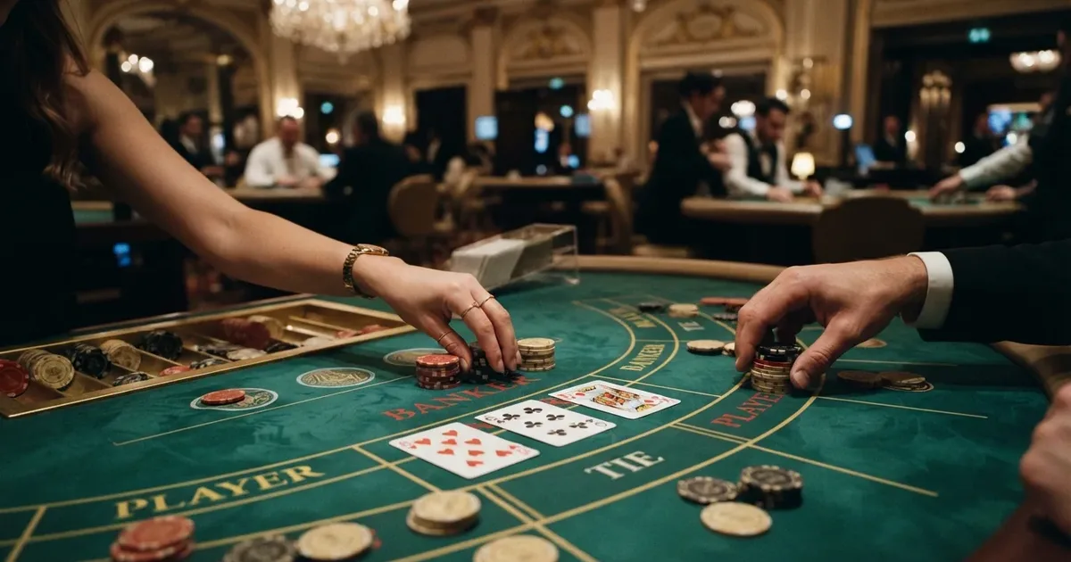 Punto Banco Spieltisch aus der Vogelperspektive mit Karten, Chips und Wettfeldern in einem Casino-Ambiente