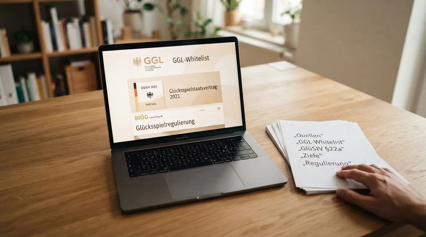 Rechercheprozess: GGL-Whitelist, GlüStV, Quellenübersicht als stilisierte Grafik