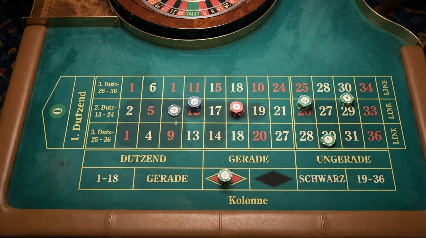 Roulette-Tableau mit eingezeichneten Inside- und Outside-Wettfeldern