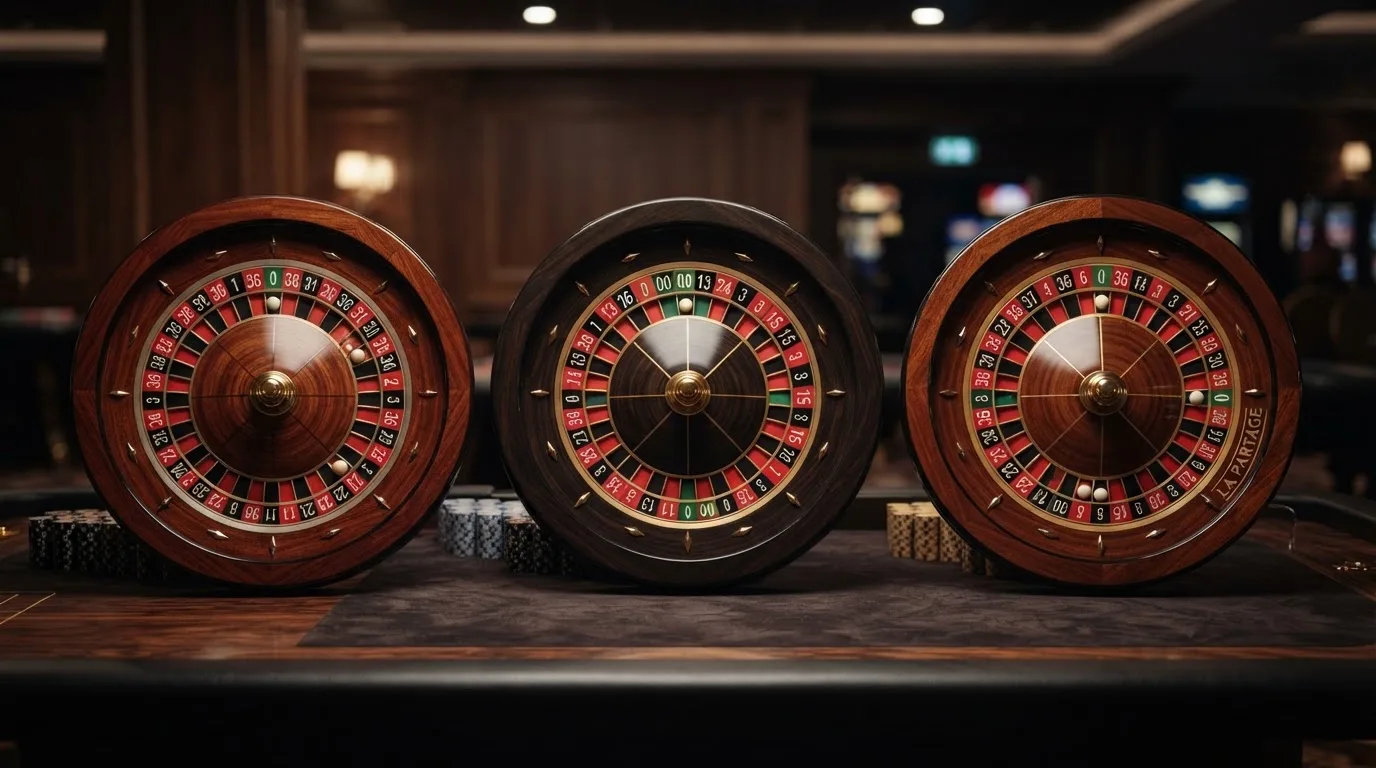 Drei Roulette-Räder nebeneinander: europäisch (eine Null), amerikanisch (Doppelnull), französisch (La-Partage-Markierung)