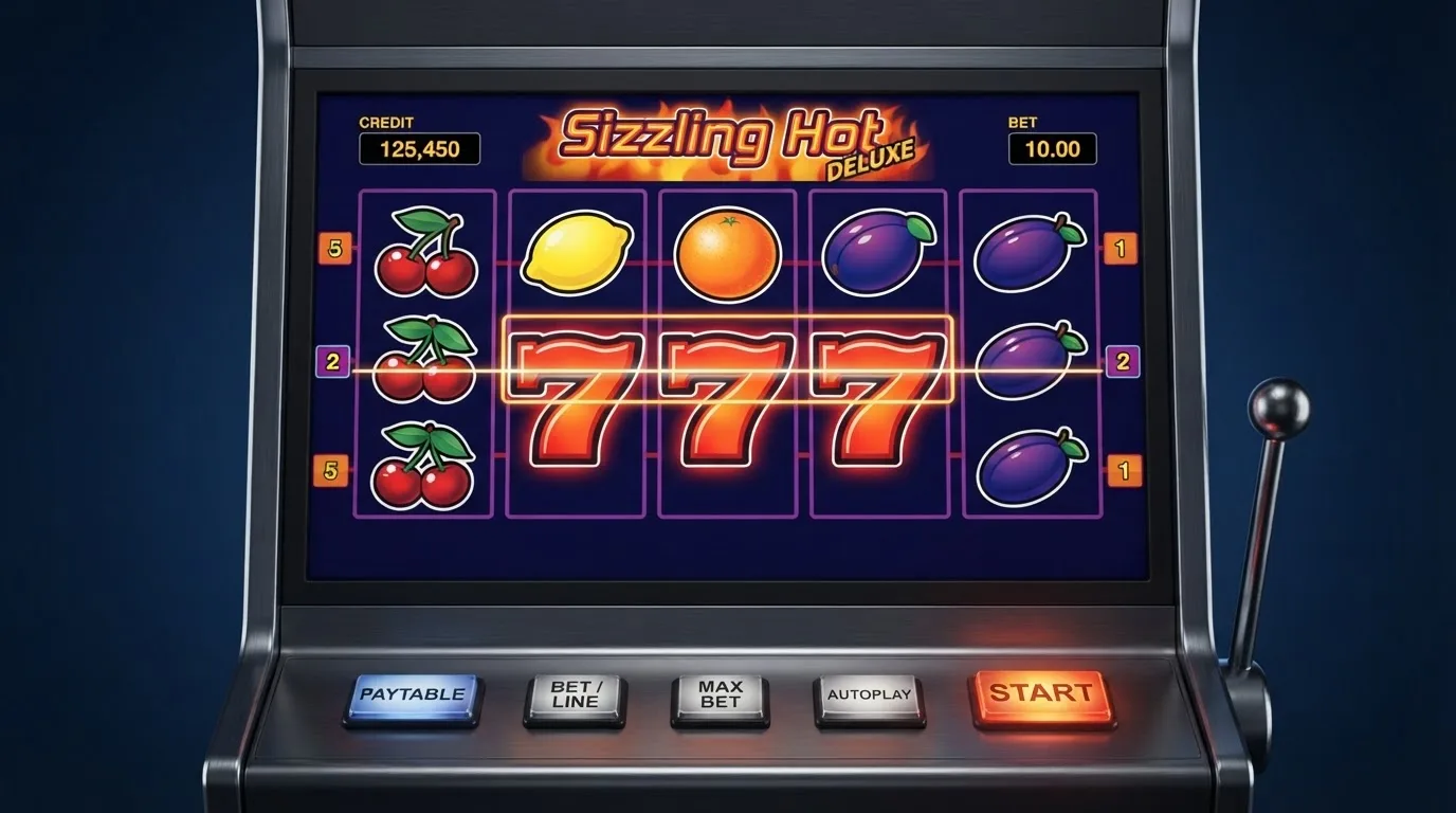 Sizzling Hot Deluxe Spielbildschirm mit Symbolen und Gewinntabelle