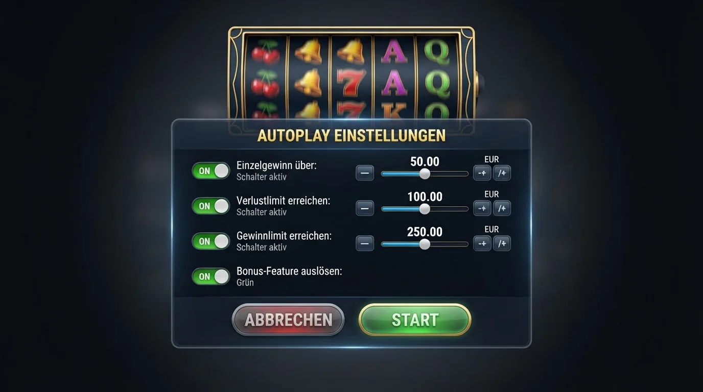 Screenshot eines bekannten Online-Slots wie Book of Dead mit geöffnetem Autoplay-Menü und den konfigurierbaren Stopp-Optionen