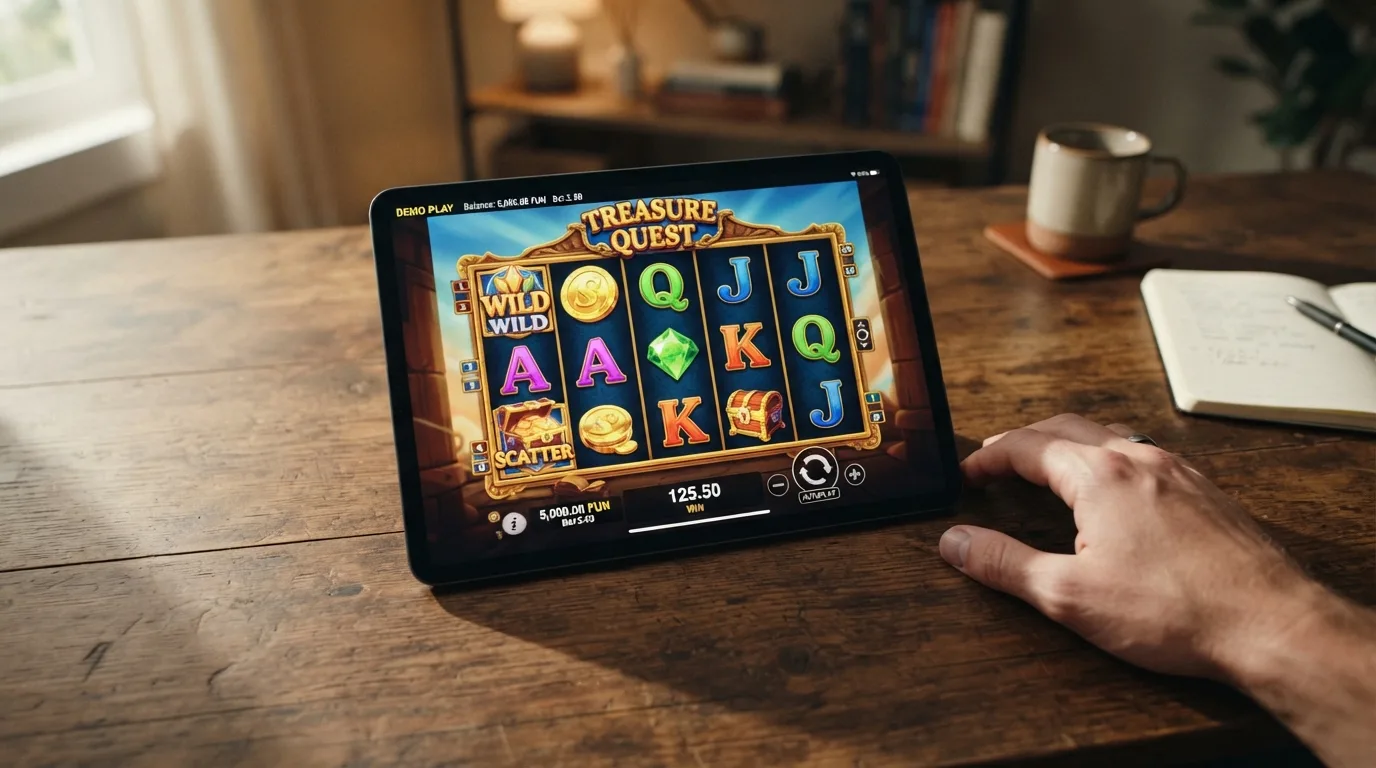Demo-Modus eines Online Slots mit Spielgeld-Anzeige und sichtbarem „Demo“-Label