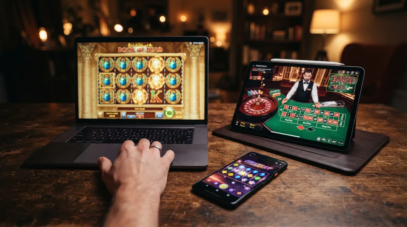 Spiel-Collage mit Book of Dead, Starburst und einem Live-Roulette-Tisch nebeneinander