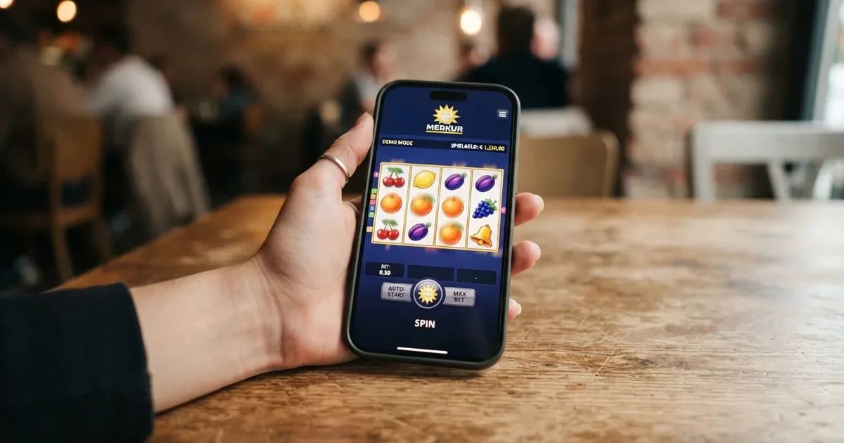 Merkur Slot im Demo-Modus auf einem Bildschirm, Spielgeld-Guthaben sichtbar