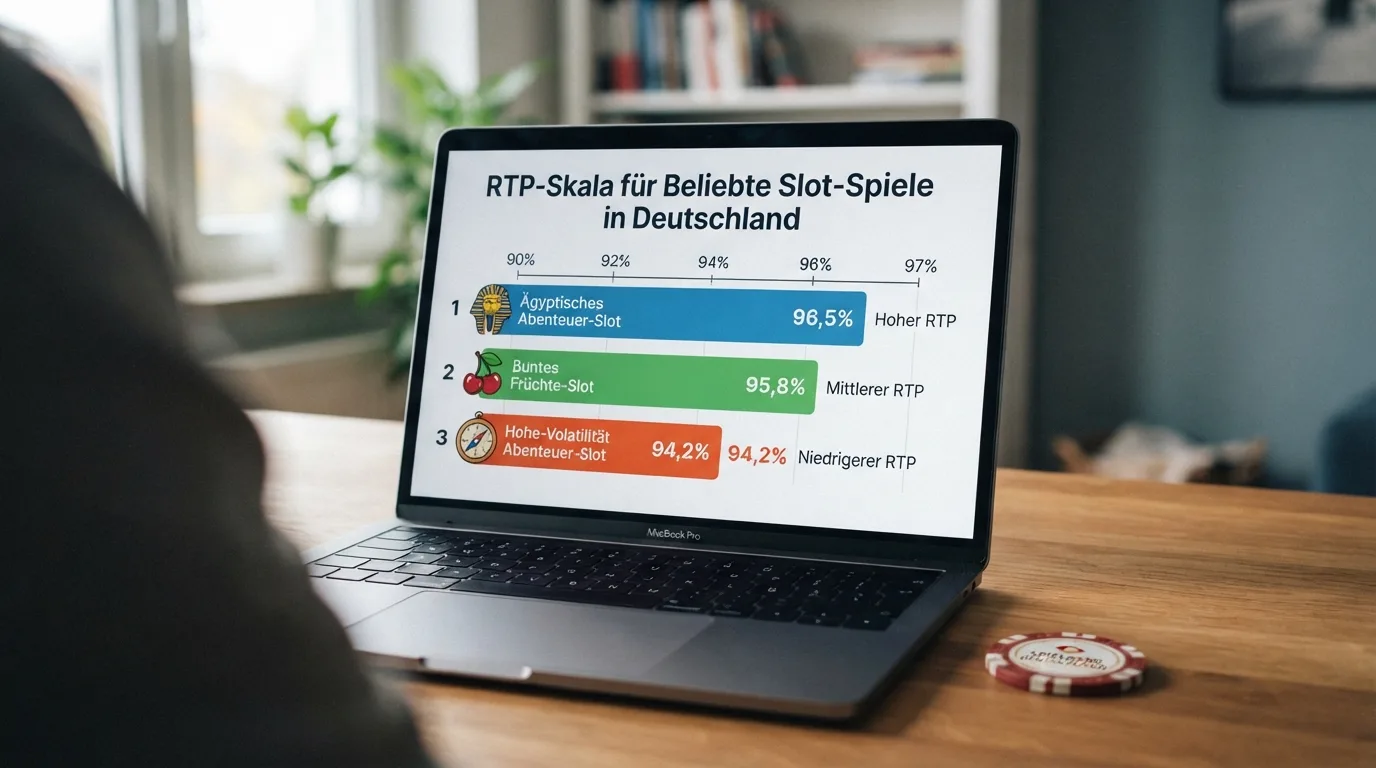 Infografik: RTP-Skala von 90 % bis 97 % mit den recherchierten Titeln als Punkten — Book of Ra Deluxe (~90 %), Sweet Bonanza (94,02 %), Book of Dead (96,21 %)