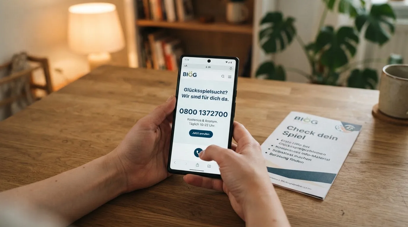 Screenshot oder Illustration der BIÖG-Beratungsseite Check-dein-Spiel.de mit der Telefonnummer 0800 1372700