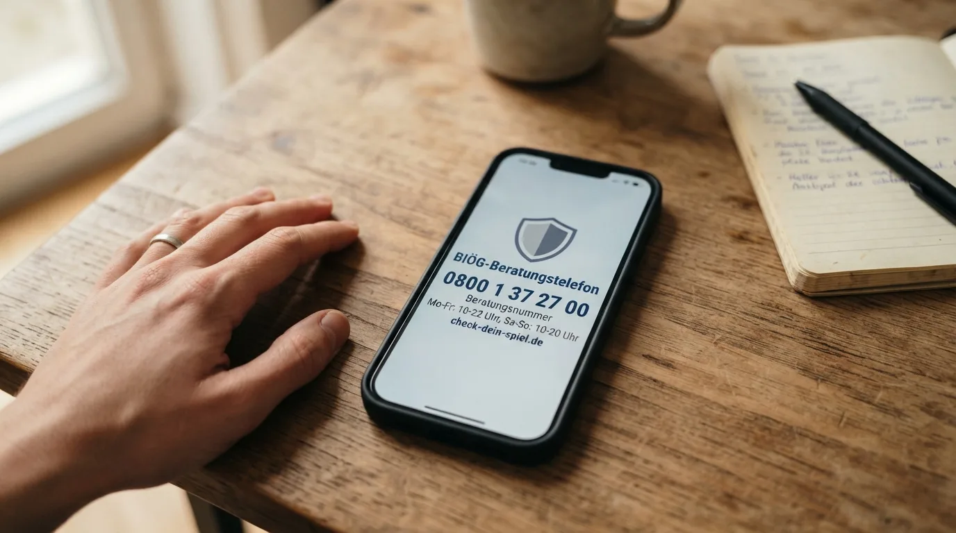 BIÖG-Beratungstelefon-Nummer auf einem Smartphone-Bildschirm, daneben das check-dein-spiel.de-Logo