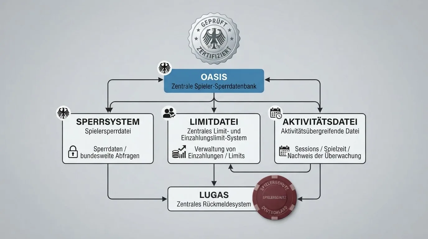OASIS-LUGAS-Schaubild mit Sperrsystem-Visualisierung und Hilfetelefon