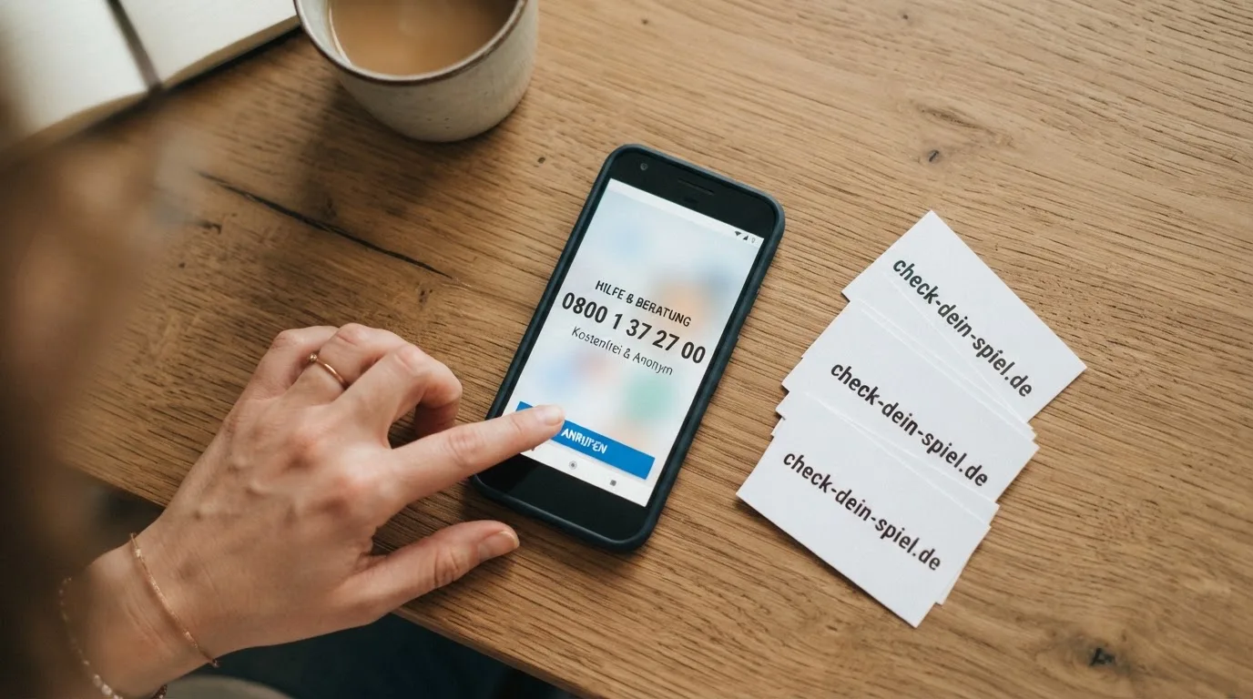 Smartphone mit der BIÖG-Hotline-Nummer auf dem Display, daneben Visitenkarten mit check-dein-spiel.de und OASIS-Hinweis