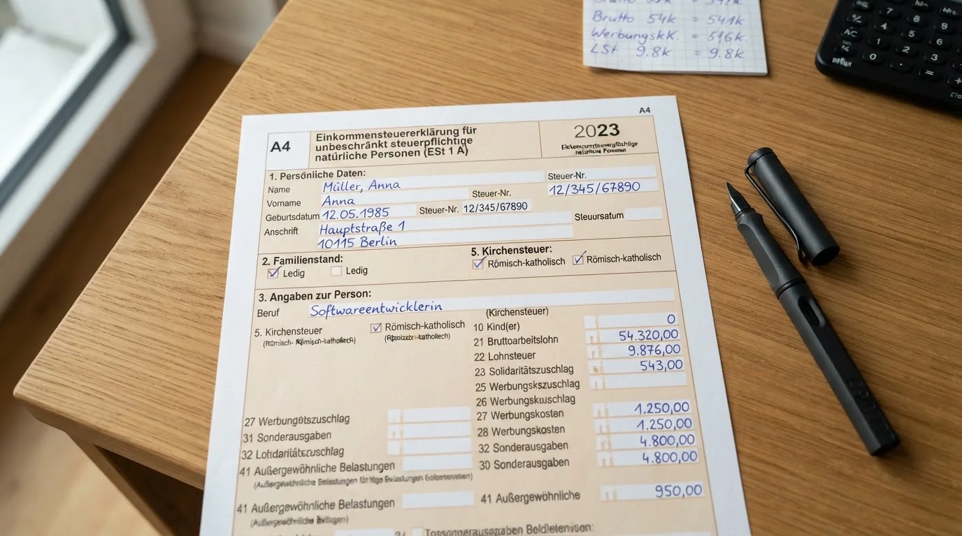 Ein amtliches Steuerformular mit Taschenrechner als Symbol für die Steuerfrage