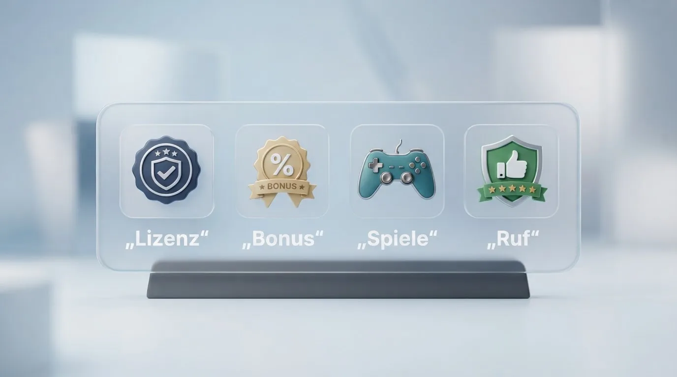 Visuelle Übersicht der Testkriterien: Symbole für Lizenz, Bonus, Spielauswahl und Reputation