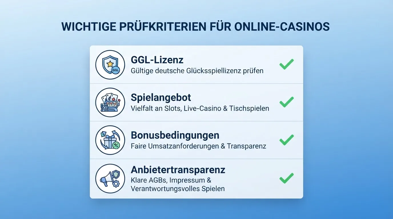 Kriterien-Übersicht: Whitelist, Lizenz, Bonus, Spielangebot als visuelle Checkliste