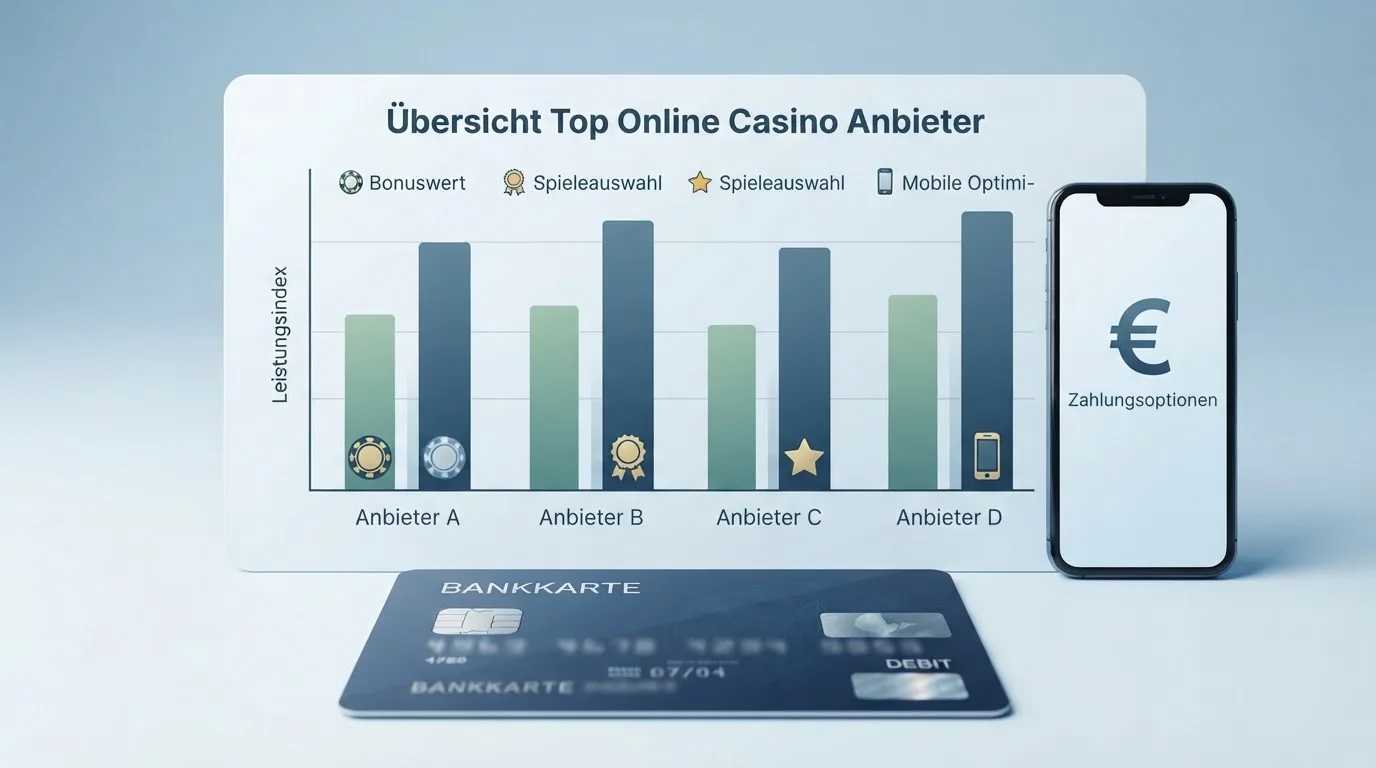 Vergleichstabelle mit Lizenzstatus, Bonusangebot und Provider-Auswahl der zehn Anbieter