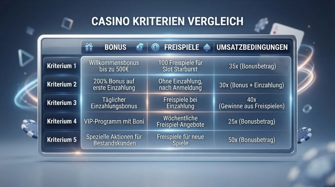 Übersicht der zehn vorgestellten Casinos mit ihren Bonusangeboten im direkten Vergleich
