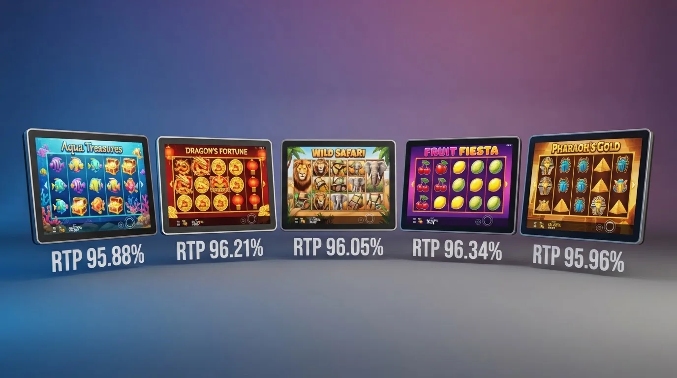 Cover-Art-Collage der fünf empfohlenen Slots mit eingeblendeten RTP-Prozentwerten