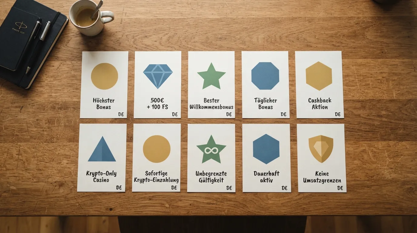 Raster mit zehn Casino-Logos, gruppiert nach Höhepunkten wie Höchstbonus, Krypto-only und unbegrenzter Gültigkeit