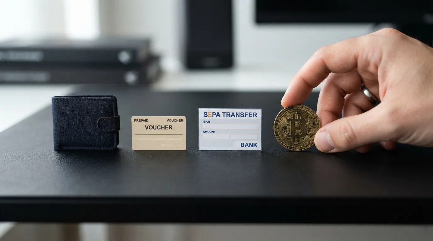 Vier Zahlungsmethoden-Symbole: PayPal, Paysafecard, SEPA, Bitcoin – mit Häkchen und Kreuzen für Ausland und Deutschland
