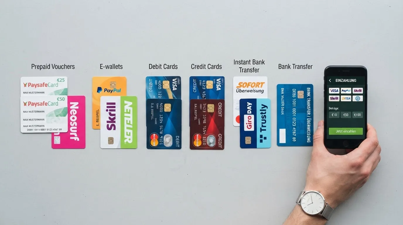 Übersicht der Zahlungsmethoden: PayPal, Kreditkarte, Überweisung, paysafecard als Icon-Leiste