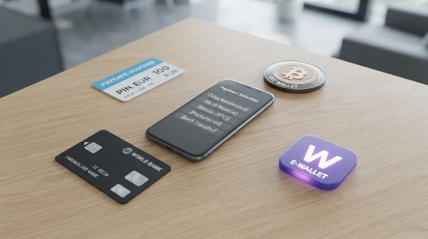 Übersicht Zahlungsmethoden: Krypto-Wallet, Paysafecard-Karte, E-Wallet-Icons, PayPal-Logo durchgestrichen