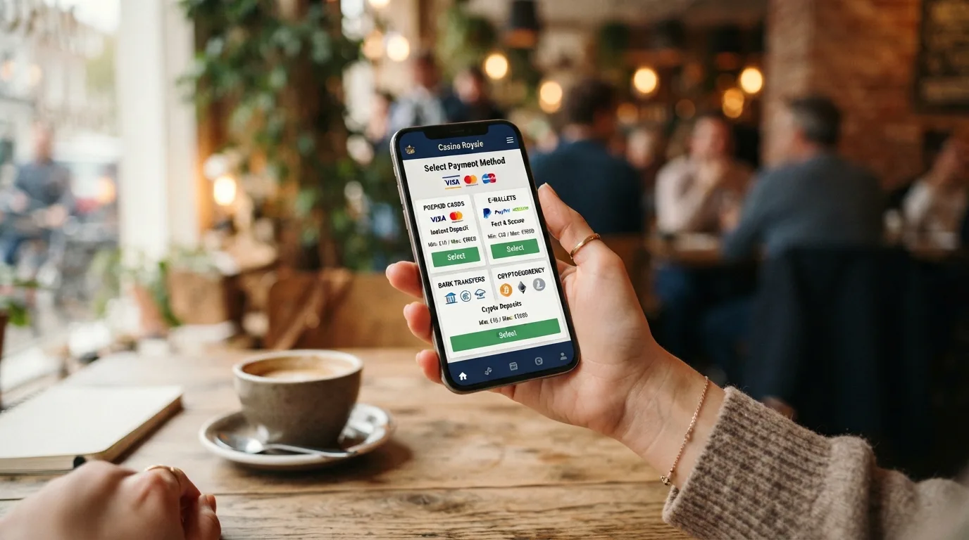 Übersicht gängiger Zahlungsmethoden-Logos (Paysafecard, Skrill, Neteller, Trustly, Bitcoin) auf einem Casino-Bildschirm