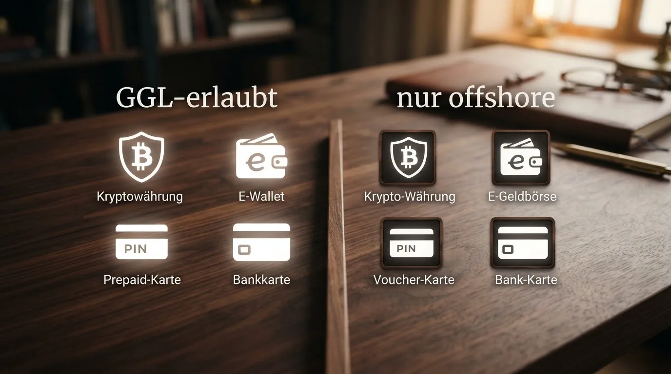 Grid aus Zahlungssymbolen — Bitcoin, Ethereum, Tether, Skrill, Neteller, Paysafecard, VISA — aufgeteilt in „GGL-erlaubt“ und „nur offshore“