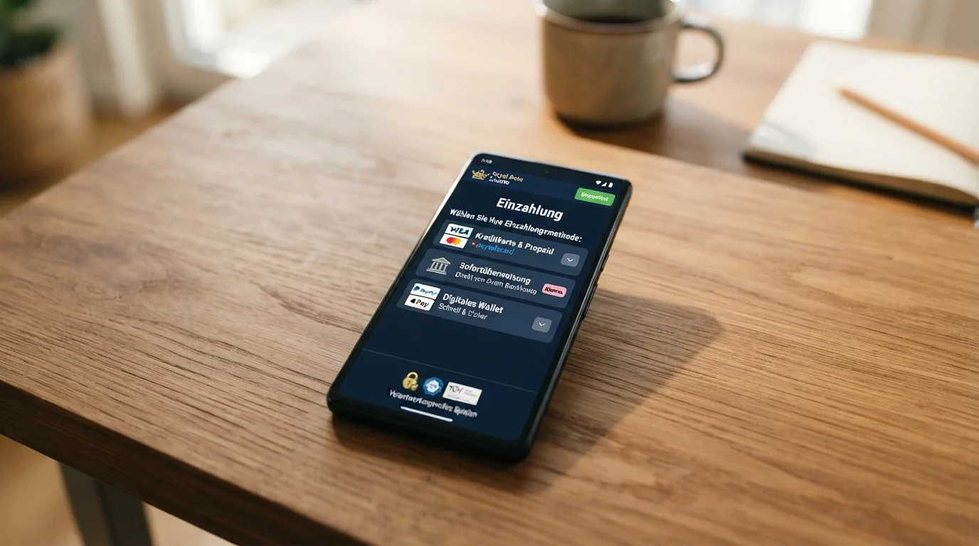 PayPal- und Paysafecard-Logos neben einem Einzahlungsbildschirm